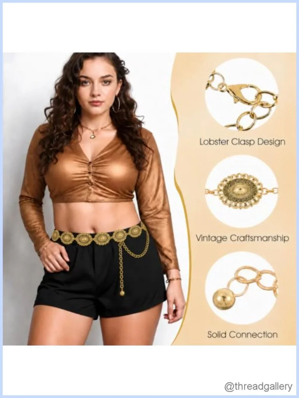 Metal Chain Belt Oval Concho Western Boho Adjustable Waist for Dresses